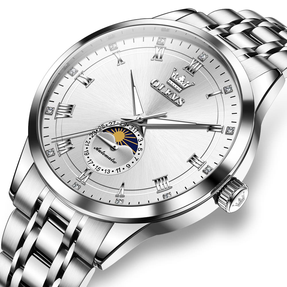 OLEVS 7063 Diamond Moon Phase Automatic Watch For Men - Two Tone White Watch | Olevs Watch Store