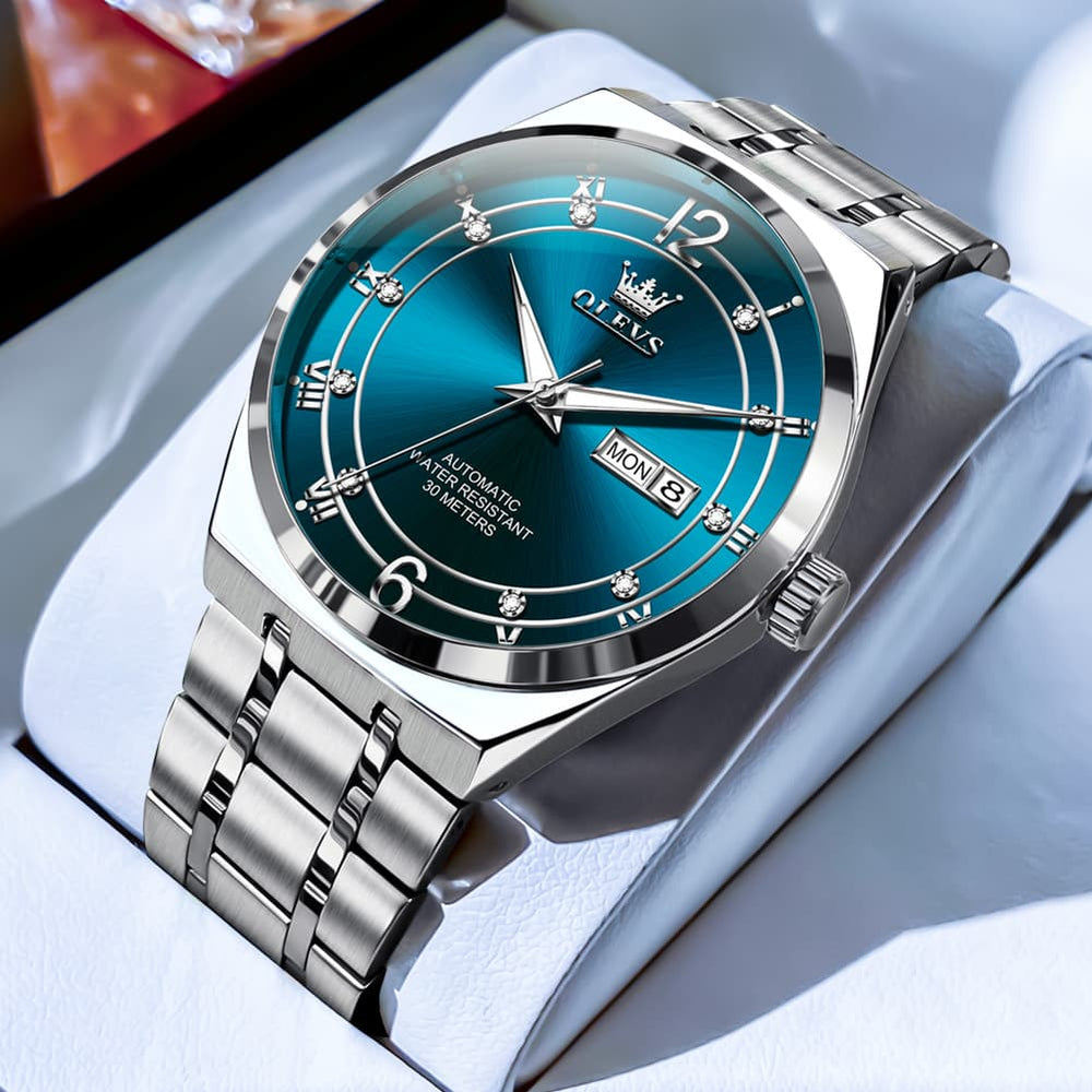 OLEVS 7068 Octagonal Luxury Sport Automatic Watch For Men - Silver Blue Watch | Olevs Watch Store