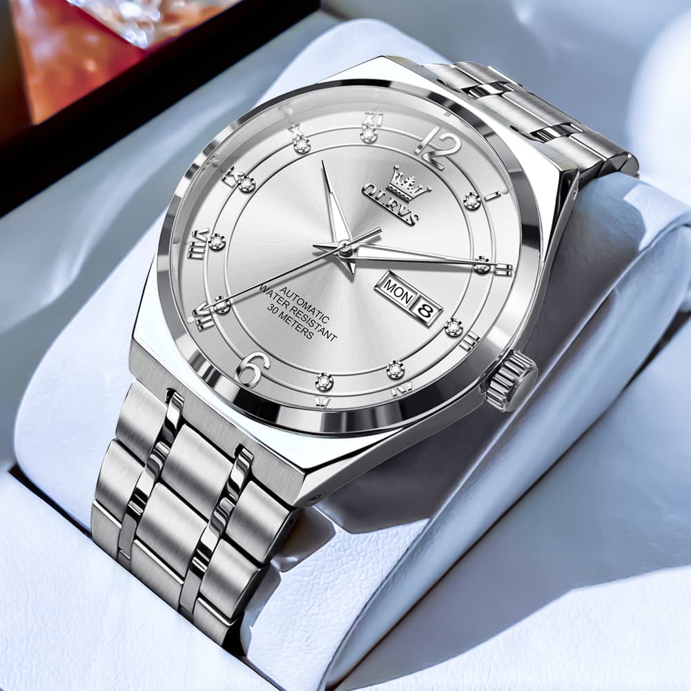OLEVS 7068 Octagonal Luxury Sport Automatic Watch For Men - Silver White Watch | Olevs Watch Store