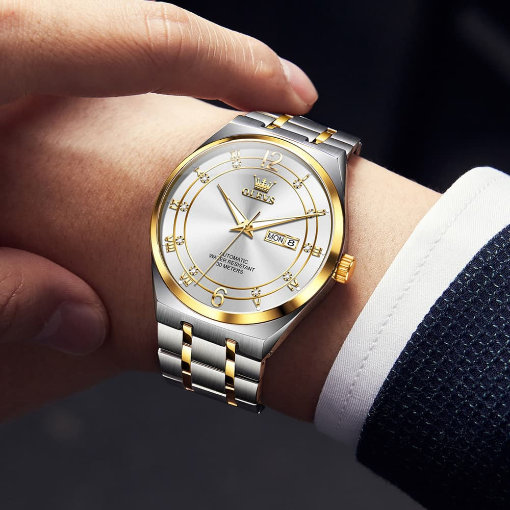 OLEVS 7068 Octagonal Luxury Sport Automatic Watch For Men - Two Tone White Watch | Olevs Watch Store