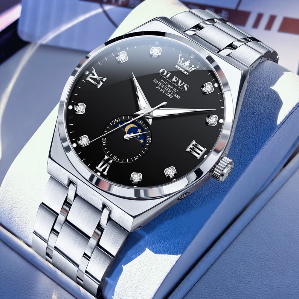 OLEVS 7069 Octagonal Moon Phase Automatic Watch For Men - Silver Black Watch | Olevs Watch Store