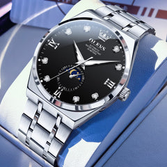 OLEVS 7069 Octagonal Moon Phase Automatic Watch For Men - Silver Black Watch | Olevs Watch Store