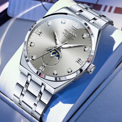 OLEVS 7069 Octagonal Moon Phase Automatic Watch For Men - Silver Grey Watch | Olevs Watch Store