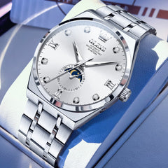 OLEVS 7069 Octagonal Moon Phase Automatic Watch For Men - Silver White Watch | Olevs Watch Store