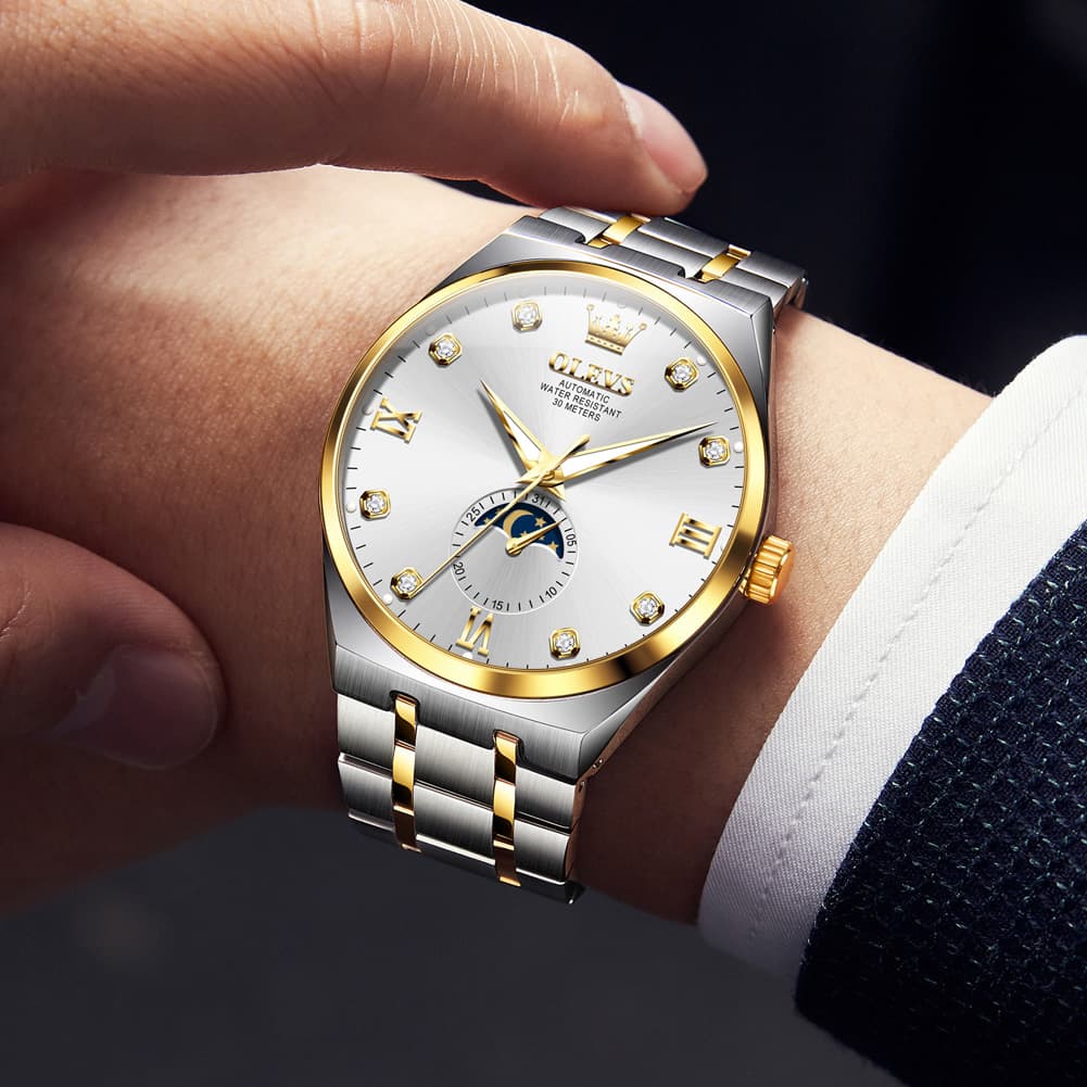 OLEVS 7069 Octagonal Moon Phase Automatic Watch For Men - Two Tone Blue Watch | Olevs Watch Store