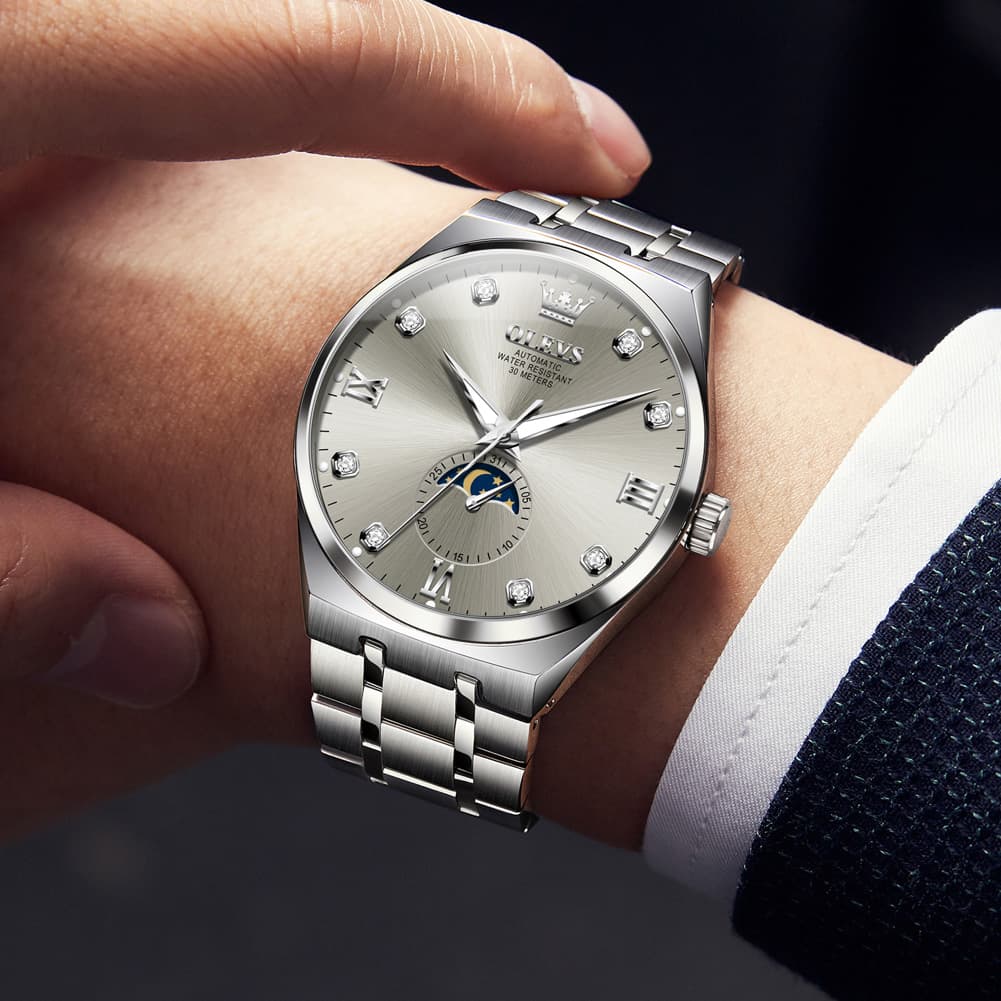 OLEVS 7069 Octagonal Moon Phase Automatic Watch For Men - Two Tone Blue Watch | Olevs Watch Store