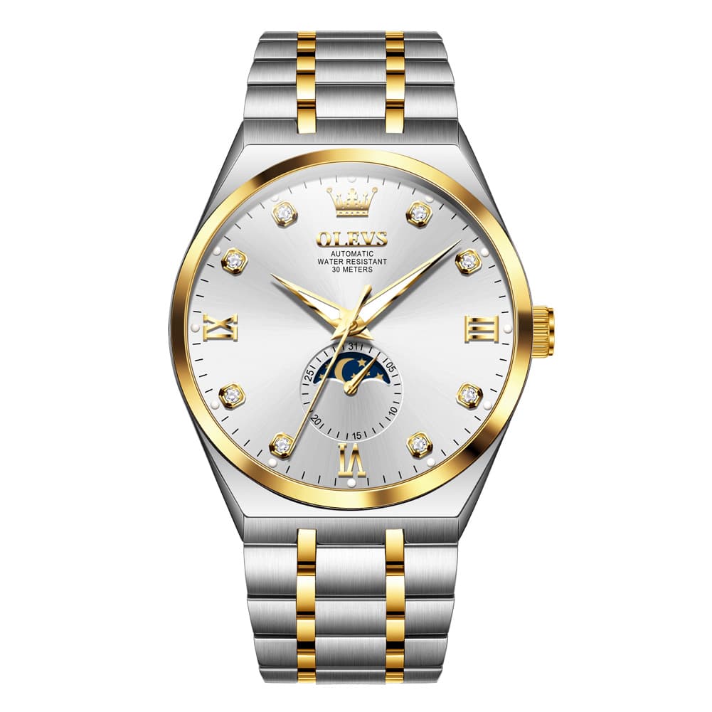 OLEVS 7069 Octagonal Moon Phase Automatic Watch For Men - Two Tone Blue Watch | Olevs Watch Store