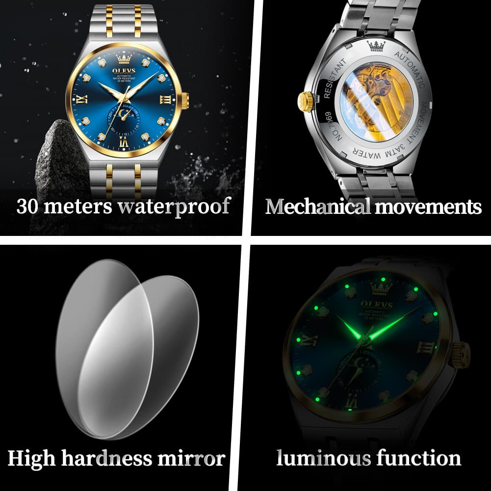 OLEVS 7069 Octagonal Moon Phase Automatic Watch For Men - Two Tone Blue Watch | Olevs Watch Store