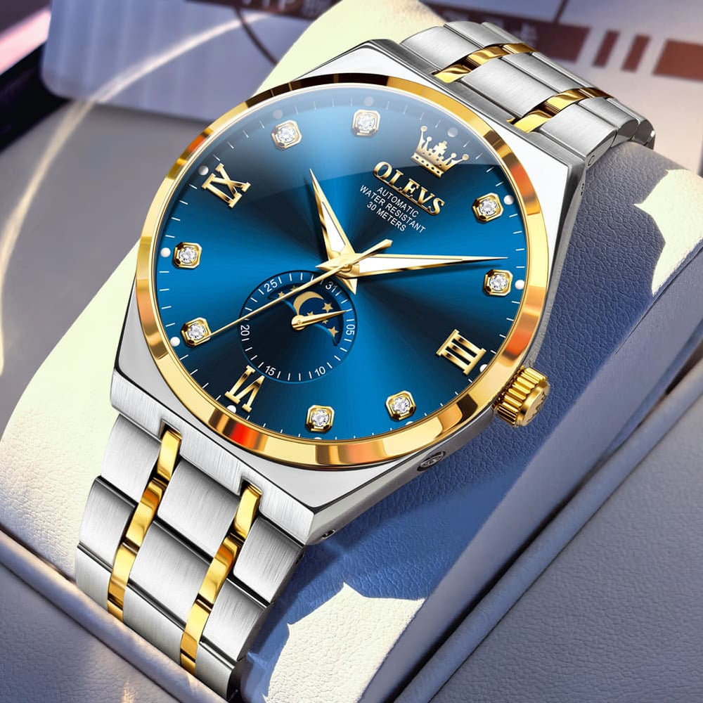 OLEVS 7069 Octagonal Moon Phase Automatic Watch For Men - Two Tone Blue Watch | Olevs Watch Store