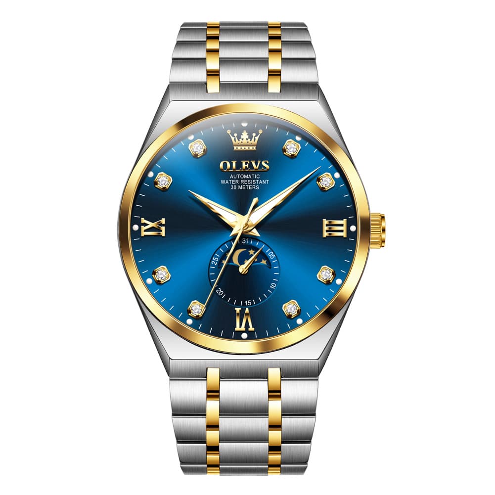 OLEVS 7069 Octagonal Moon Phase Automatic Watch For Men - Two Tone Blue Watch | Olevs Watch Store