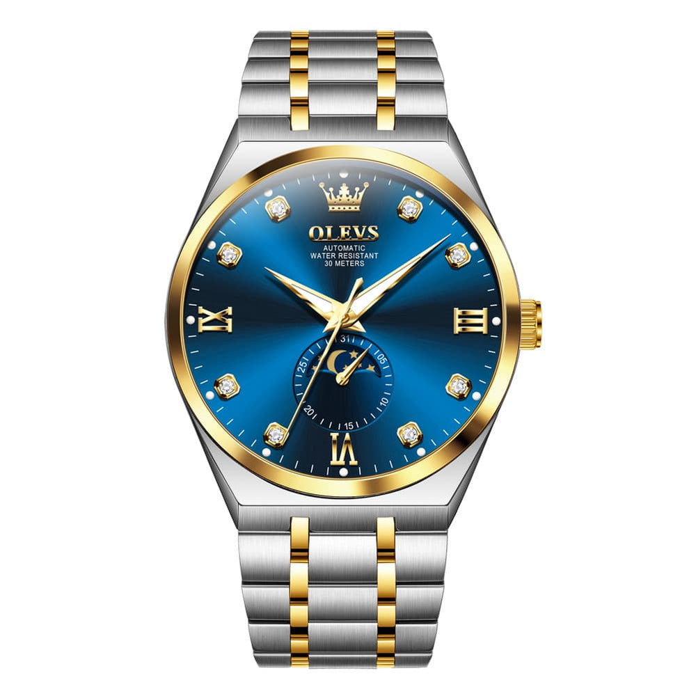 OLEVS 7069 Octagonal Moon Phase Automatic Watch For Men - Two Tone Blue Watch | Olevs Watch Store
