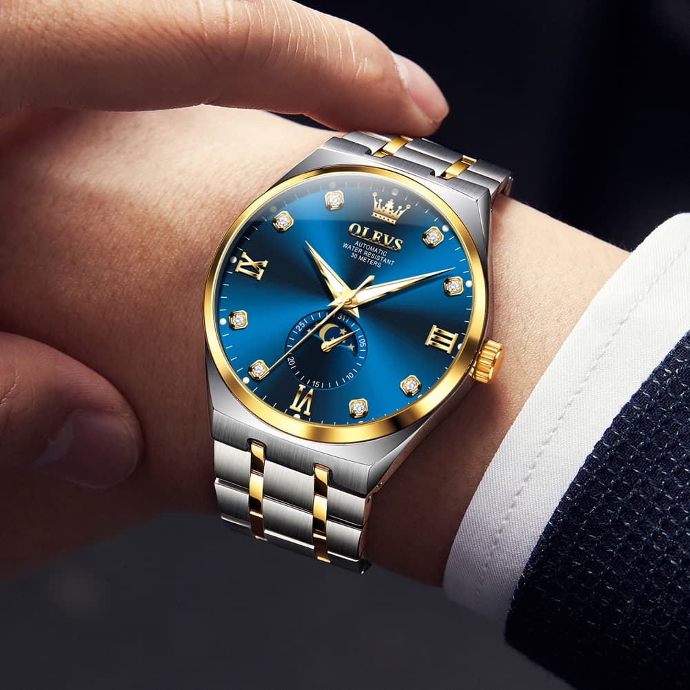 OLEVS 7069 Octagonal Moon Phase Automatic Watch For Men - Two Tone Blue Watch | Olevs Watch Store
