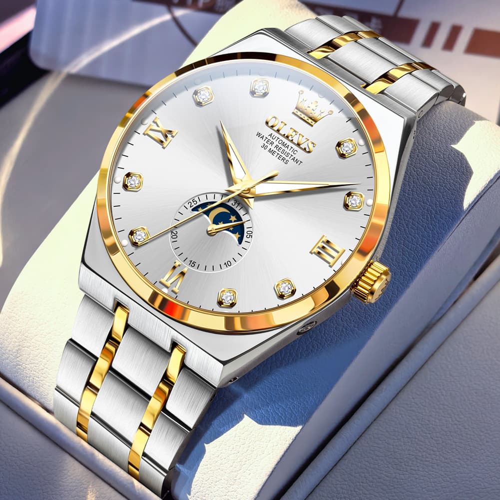OLEVS 7069 Octagonal Moon Phase Automatic Watch For Men - Two Tone White Watch | Olevs Watch Store