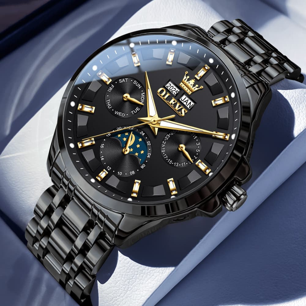OLEVS 7070 Heavyweight Moon Phase Automatic Watch For Men - All Black Watch | Olevs Watch Store