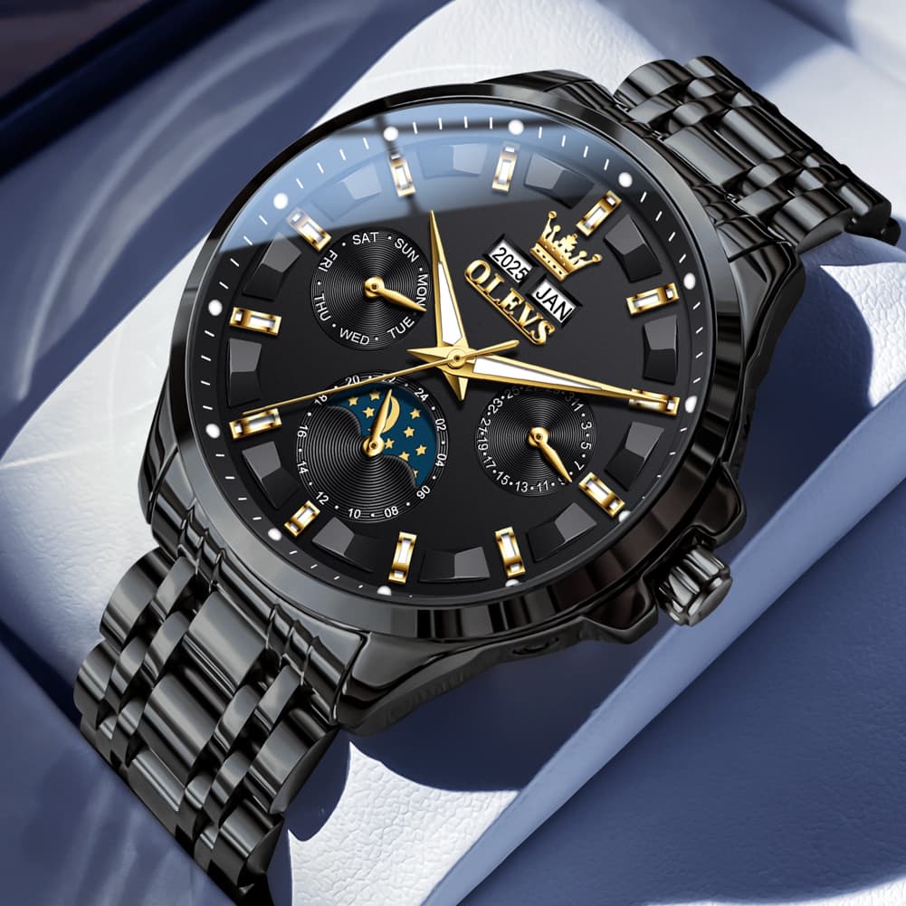 OLEVS 7070 Heavyweight Moon Phase Automatic Watch For Men - All Black Watch | Olevs Watch Store