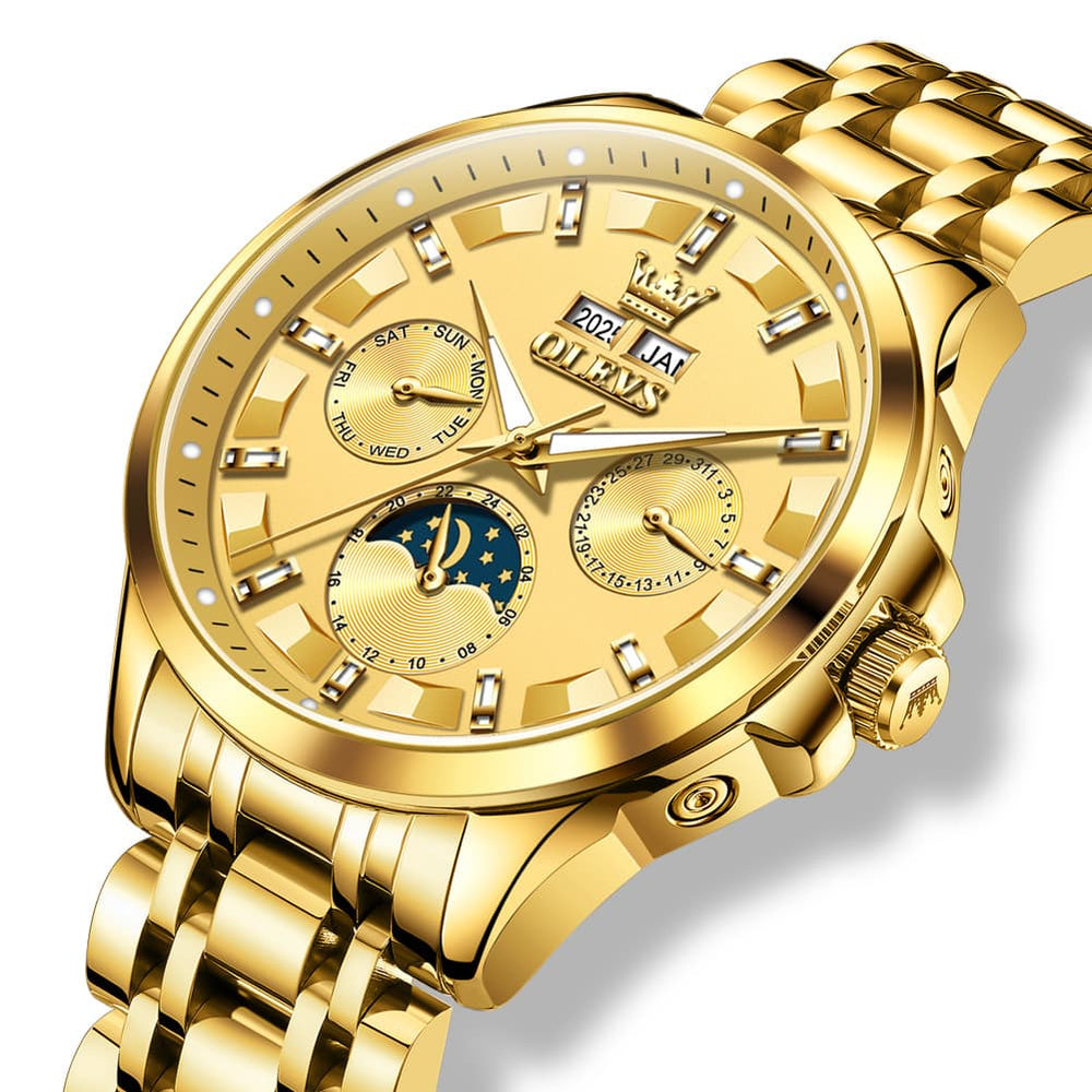 OLEVS 7070 Heavyweight Moon Phase Automatic Watch For Men - All Gold Watch | Olevs Watch Store