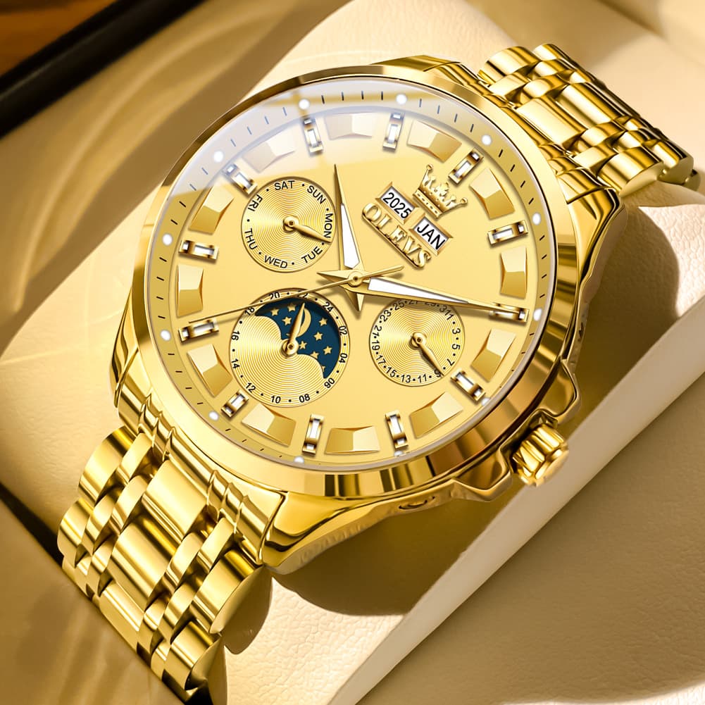 OLEVS 7070 Heavyweight Moon Phase Automatic Watch For Men - All Gold Watch | Olevs Watch Store