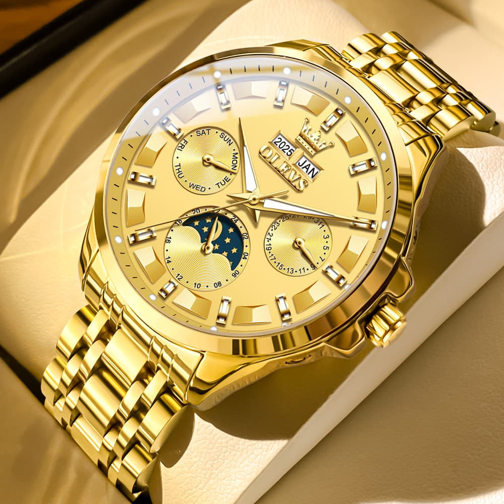 OLEVS 7070 Heavyweight Moon Phase Automatic Watch For Men - All Gold Watch | Olevs Watch Store