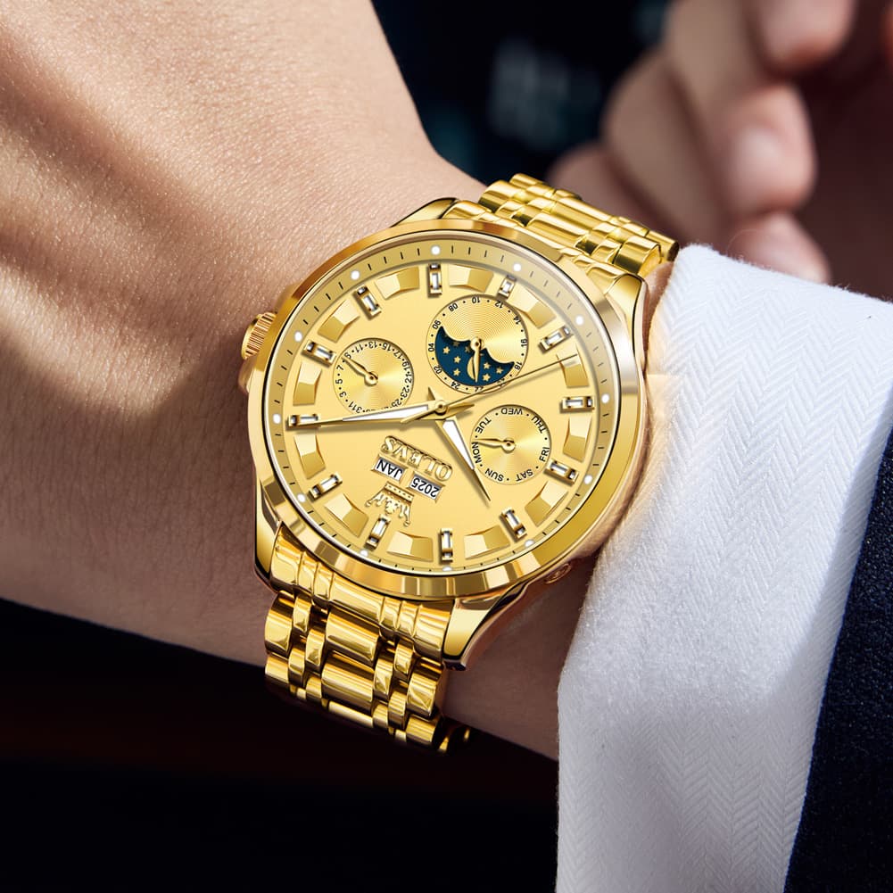 OLEVS 7070 Heavyweight Moon Phase Automatic Watch For Men - All Gold Watch | Olevs Watch Store