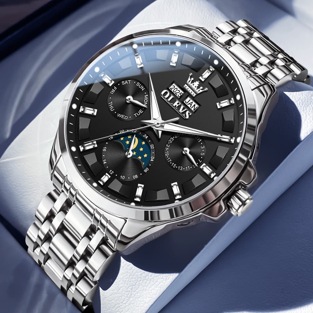 OLEVS 7070 Heavyweight Moon Phase Automatic Watch For Men - Silver Black Watch | Olevs Watch Store