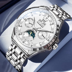 OLEVS 7070 Heavyweight Moon Phase Automatic Watch For Men - Silver White Watch | Olevs Watch Store