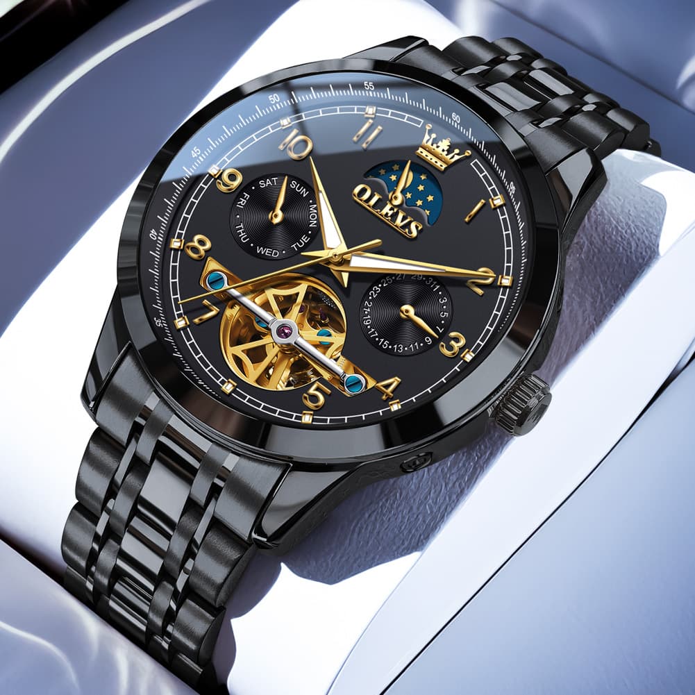 OLEVS 7071 Open Heart Moon Phase Automatic Watch For Men - All Black Watch | Olevs Watch Store