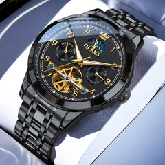 OLEVS 7071 Open Heart Moon Phase Automatic Watch For Men - All Black Watch | Olevs Watch Store