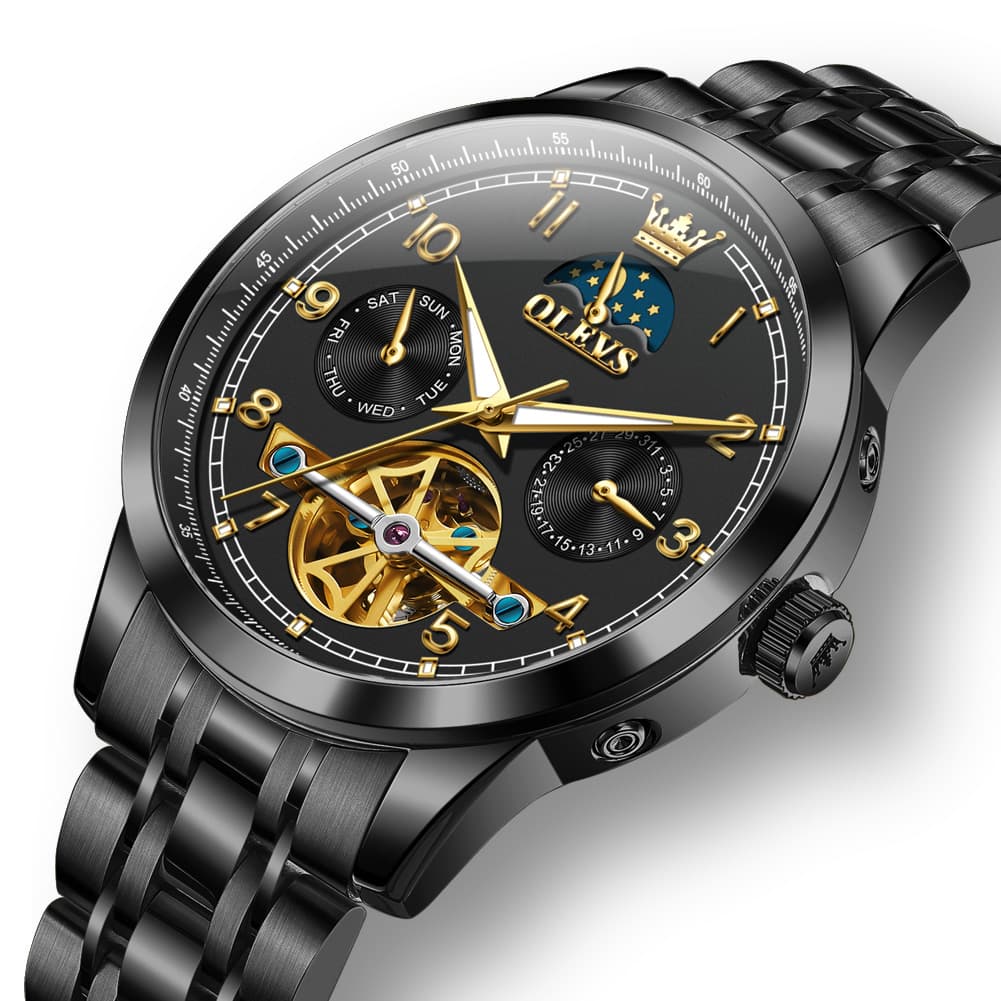 OLEVS 7071 Open Heart Moon Phase Automatic Watch For Men - All Gold Watch | Olevs Watch Store