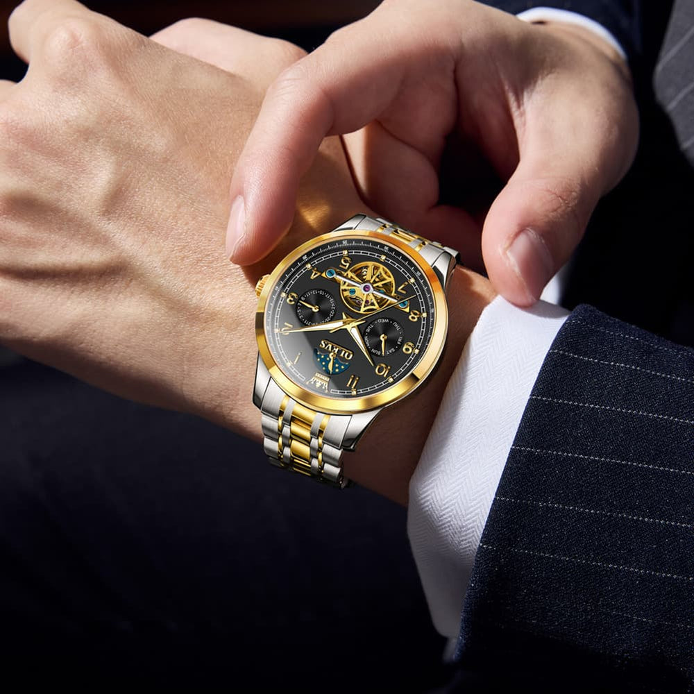 OLEVS 7071 Open Heart Moon Phase Automatic Watch For Men - All Gold Watch | Olevs Watch Store