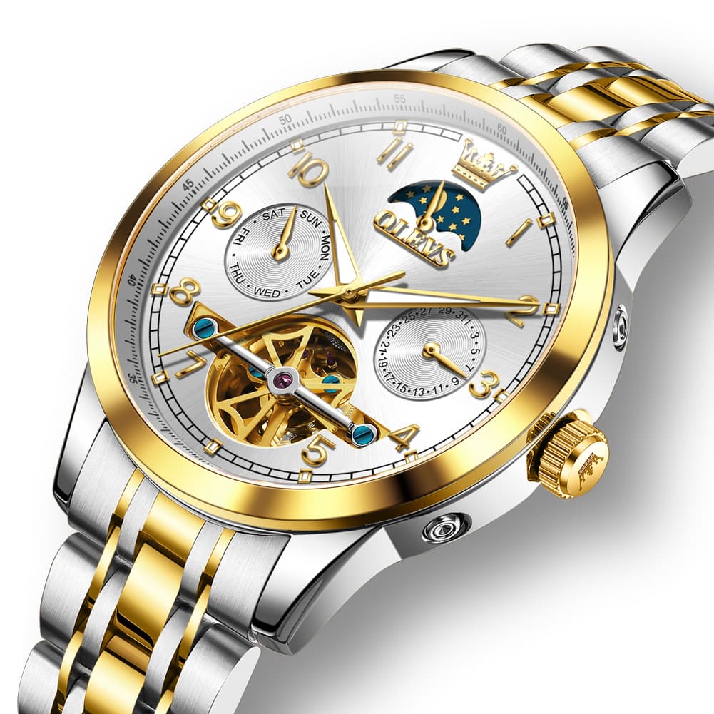 OLEVS 7071 Open Heart Moon Phase Automatic Watch For Men - All Gold Watch | Olevs Watch Store