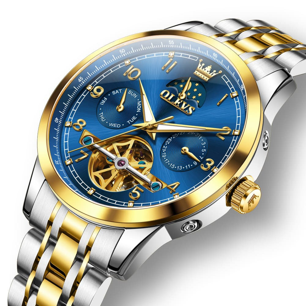 OLEVS 7071 Open Heart Moon Phase Automatic Watch For Men - All Gold Watch | Olevs Watch Store