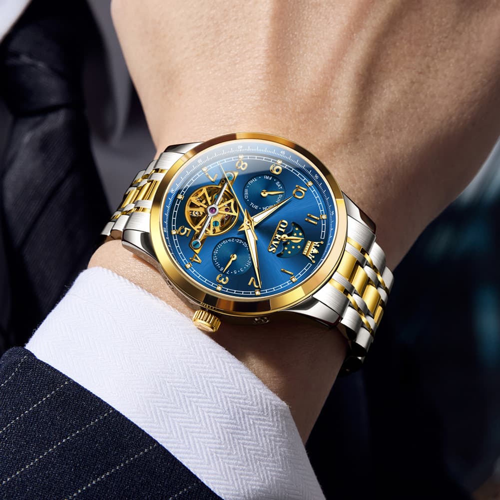 OLEVS 7071 Open Heart Moon Phase Automatic Watch For Men - All Gold Watch | Olevs Watch Store