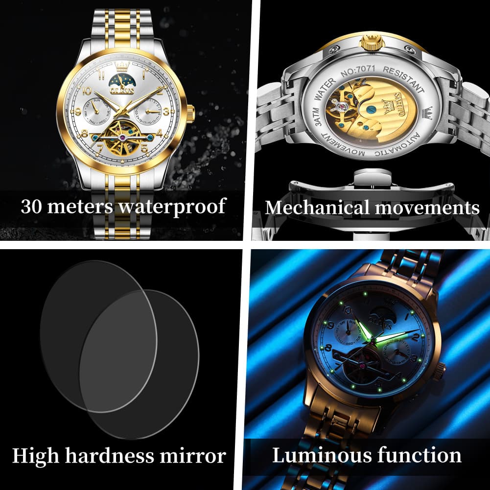 OLEVS 7071 Open Heart Moon Phase Automatic Watch For Men - All Gold Watch | Olevs Watch Store