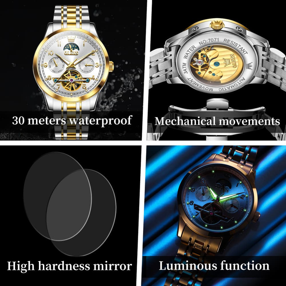OLEVS 7071 Open Heart Moon Phase Automatic Watch For Men - All Gold Watch | Olevs Watch Store