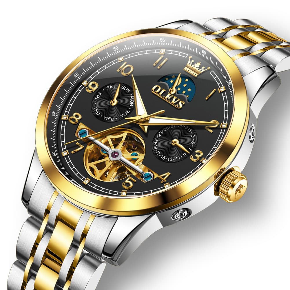 OLEVS 7071 Open Heart Moon Phase Automatic Watch For Men - All Gold Watch | Olevs Watch Store