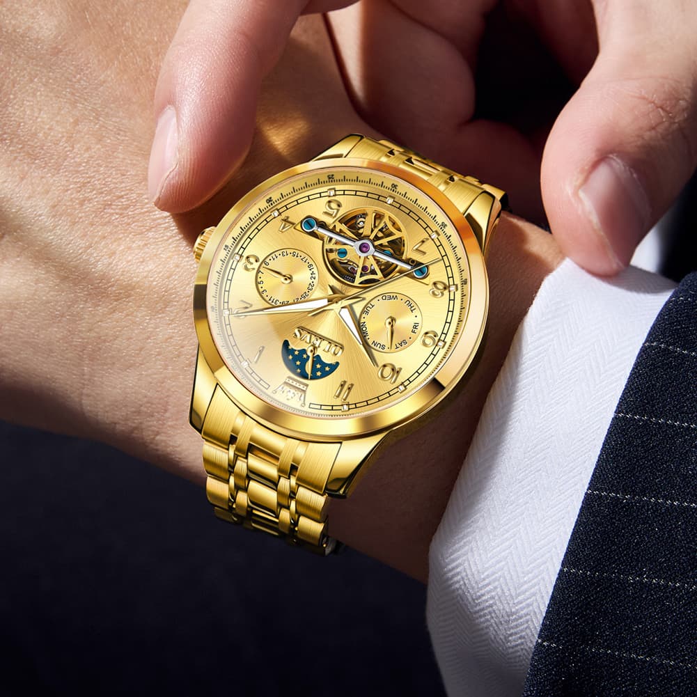 OLEVS 7071 Open Heart Moon Phase Automatic Watch For Men - All Gold Watch | Olevs Watch Store