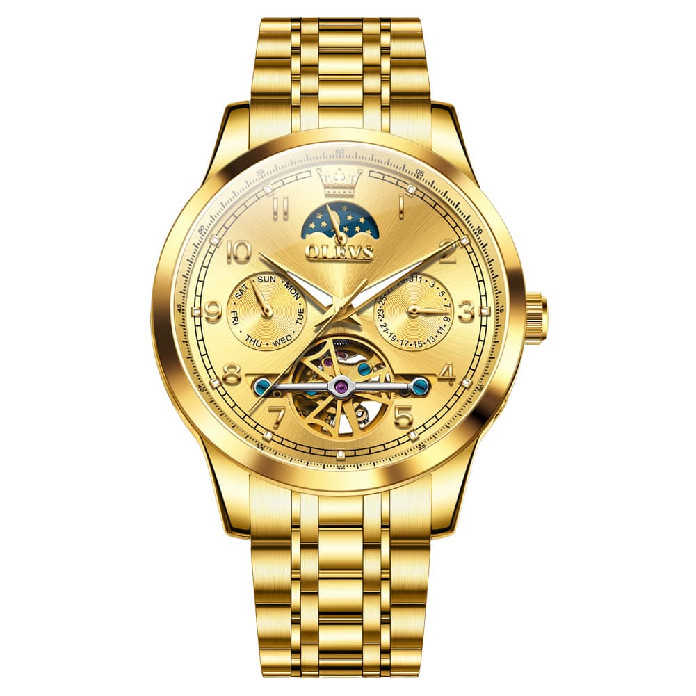 OLEVS 7071 Open Heart Moon Phase Automatic Watch For Men - All Gold Watch | Olevs Watch Store