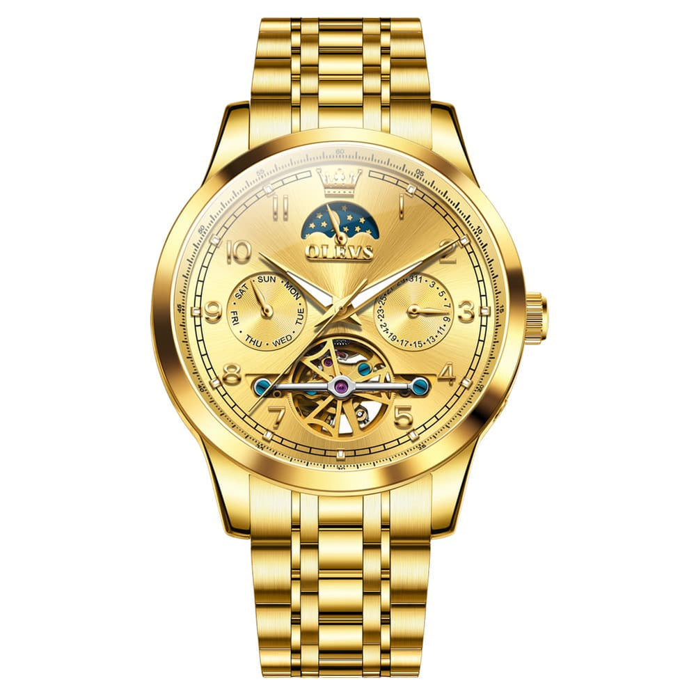 OLEVS 7071 Open Heart Moon Phase Automatic Watch For Men - All Gold Watch | Olevs Watch Store