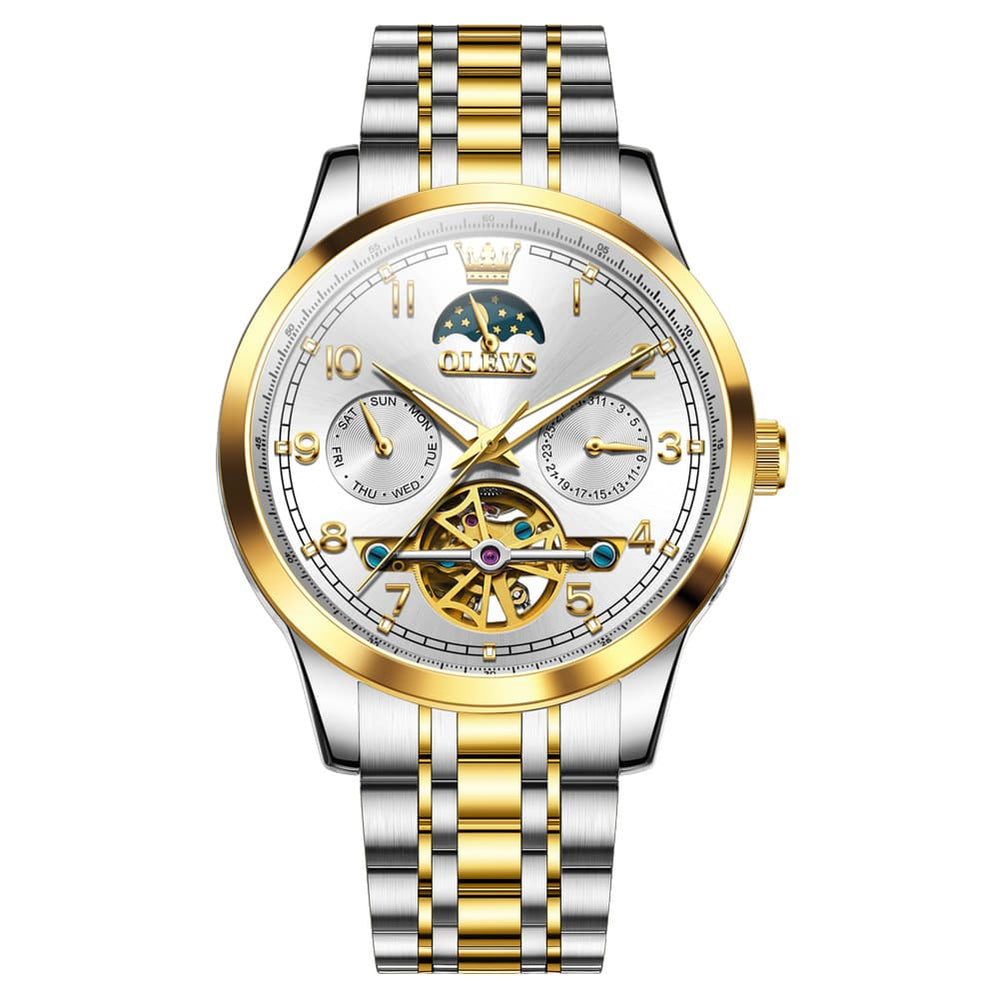 OLEVS 7071 Open Heart Moon Phase Automatic Watch For Men - All Gold Watch | Olevs Watch Store