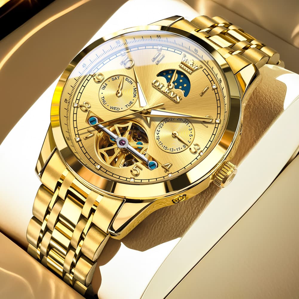 OLEVS 7071 Open Heart Moon Phase Automatic Watch For Men - All Gold Watch | Olevs Watch Store