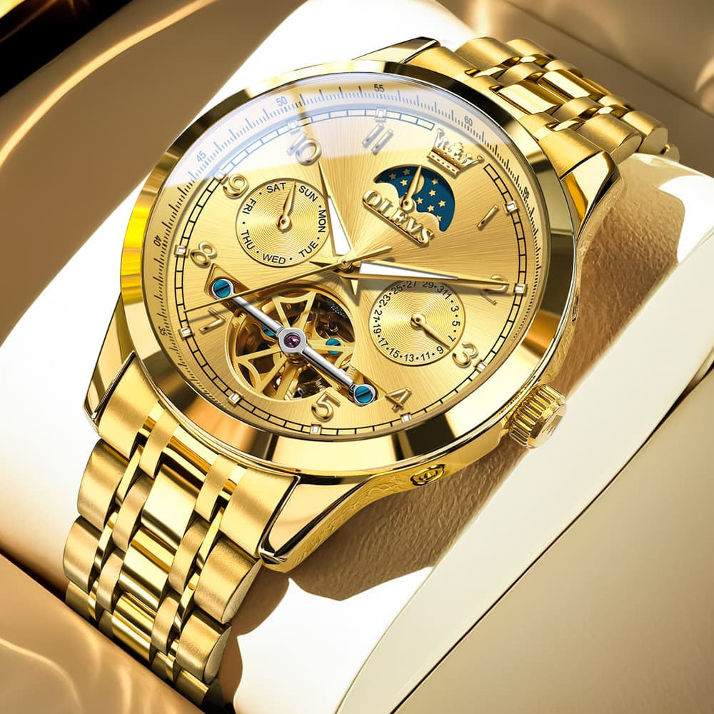 OLEVS 7071 Open Heart Moon Phase Automatic Watch For Men - All Gold Watch | Olevs Watch Store