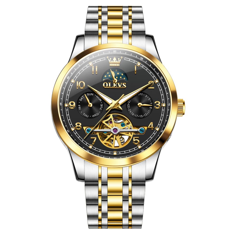 OLEVS 7071 Open Heart Moon Phase Automatic Watch For Men - All Gold Watch | Olevs Watch Store