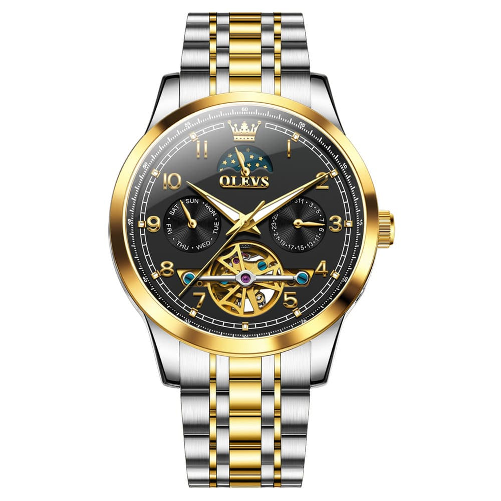 OLEVS 7071 Open Heart Moon Phase Automatic Watch For Men - All Gold Watch | Olevs Watch Store