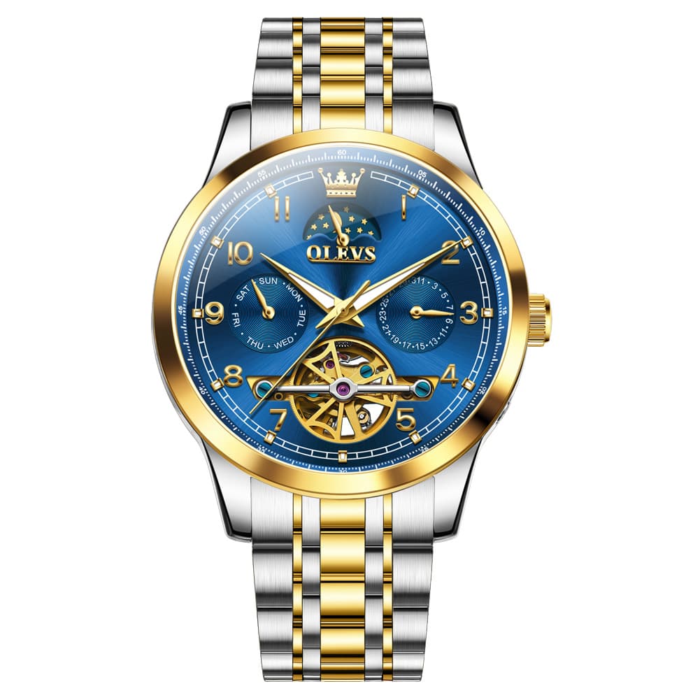 OLEVS 7071 Open Heart Moon Phase Automatic Watch For Men - All Gold Watch | Olevs Watch Store
