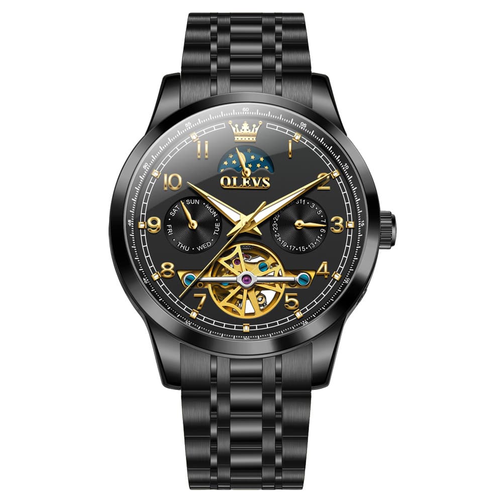 OLEVS 7071 Open Heart Moon Phase Automatic Watch For Men - All Gold Watch | Olevs Watch Store