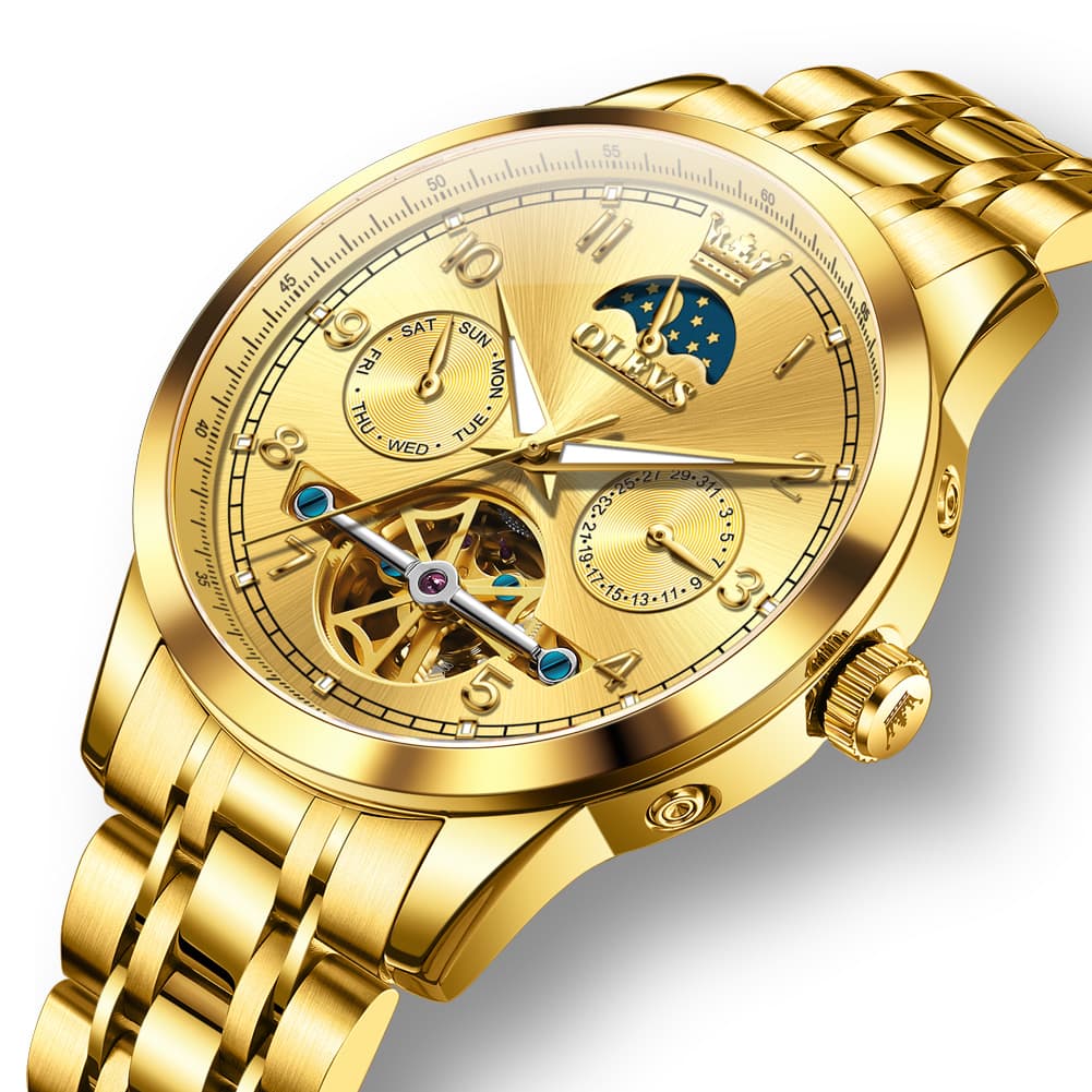 OLEVS 7071 Open Heart Moon Phase Automatic Watch For Men - All Gold Watch | Olevs Watch Store