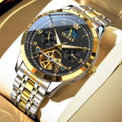 OLEVS 7071 Open Heart Moon Phase Automatic Watch For Men - Two Tone Black Watch | Olevs Watch Store