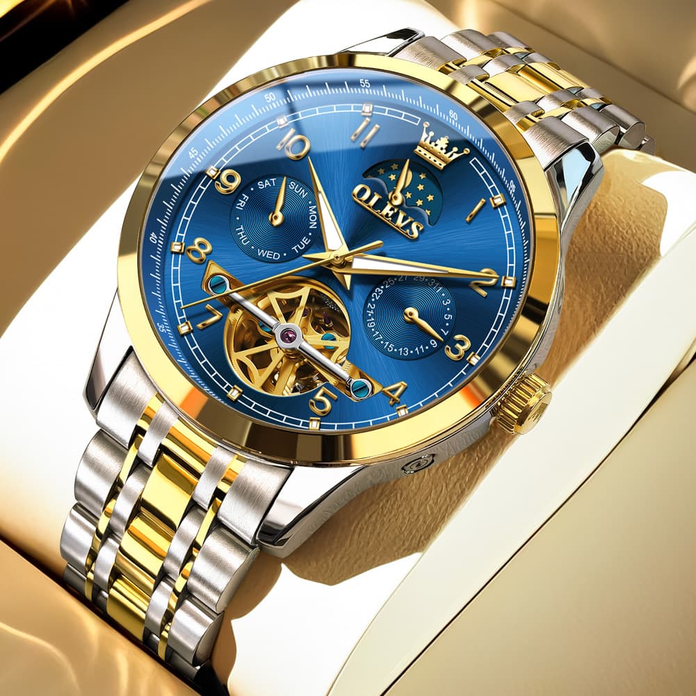 OLEVS 7071 Open Heart Moon Phase Automatic Watch For Men - Two Tone Blue Watch | Olevs Watch Store