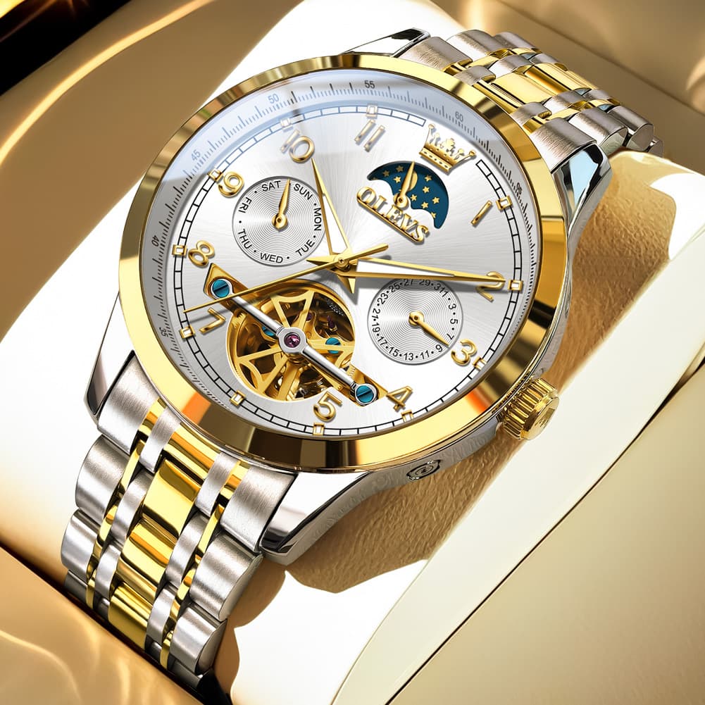OLEVS 7071 Open Heart Moon Phase Automatic Watch For Men - Two Tone White Watch | Olevs Watch Store