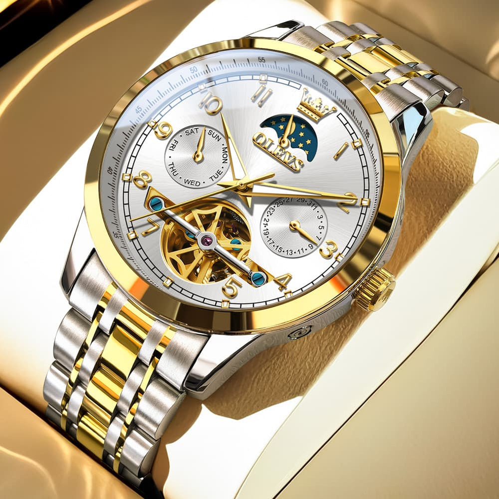 OLEVS 7071 Open Heart Moon Phase Automatic Watch For Men - Two Tone White Watch | Olevs Watch Store